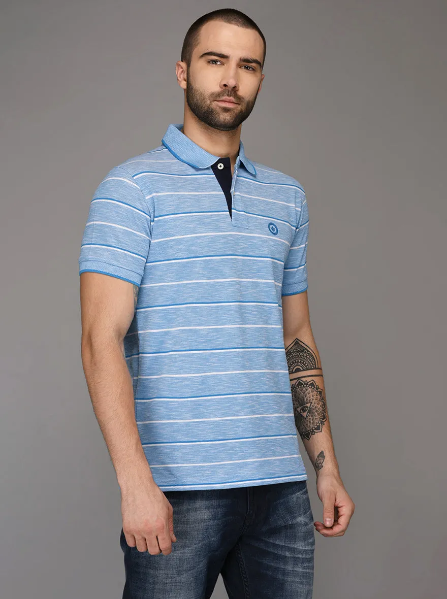 Greenfibre Malibu Blue & White Striped Slim Fit Polo T-Shirt