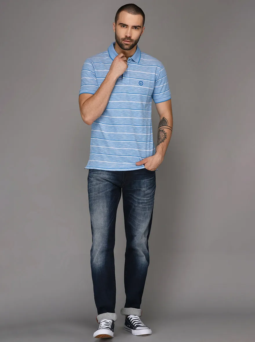 Greenfibre Malibu Blue & White Striped Slim Fit Polo T-Shirt