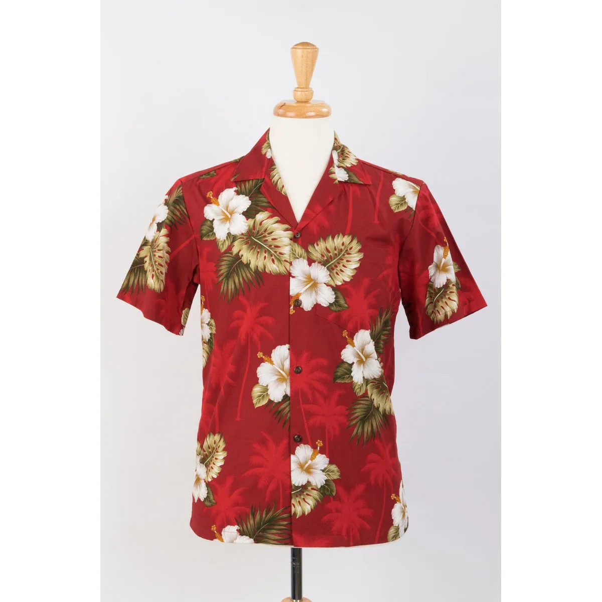 Hibiscus and Palm Tree Cotton Aloha Shirt | Red