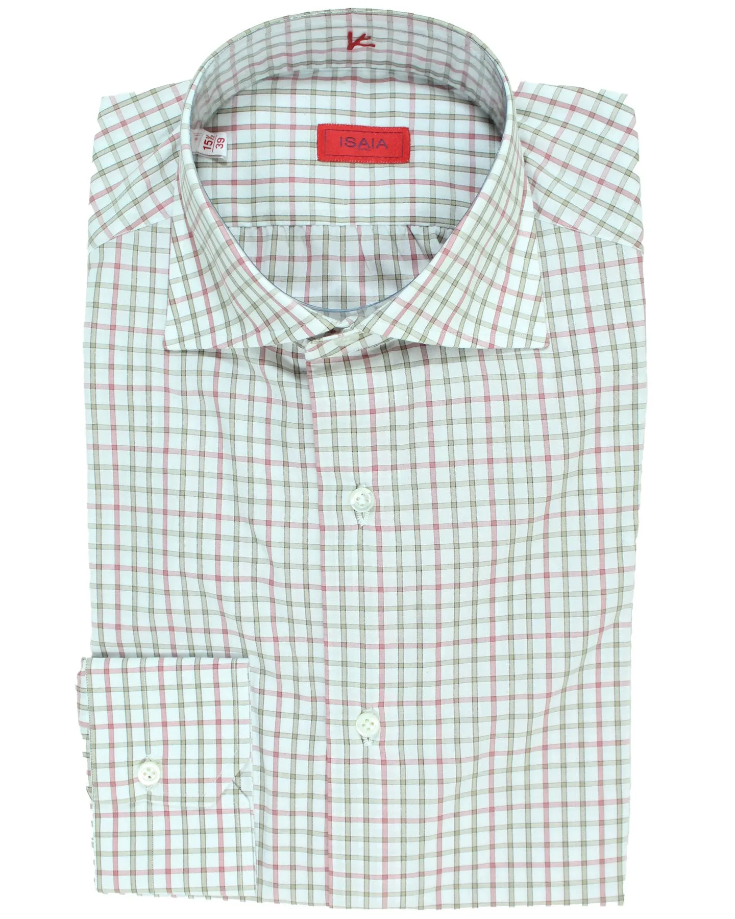 Isaia Dress Shirt White Bordeaux Taupe Check 39 - 15 1/2