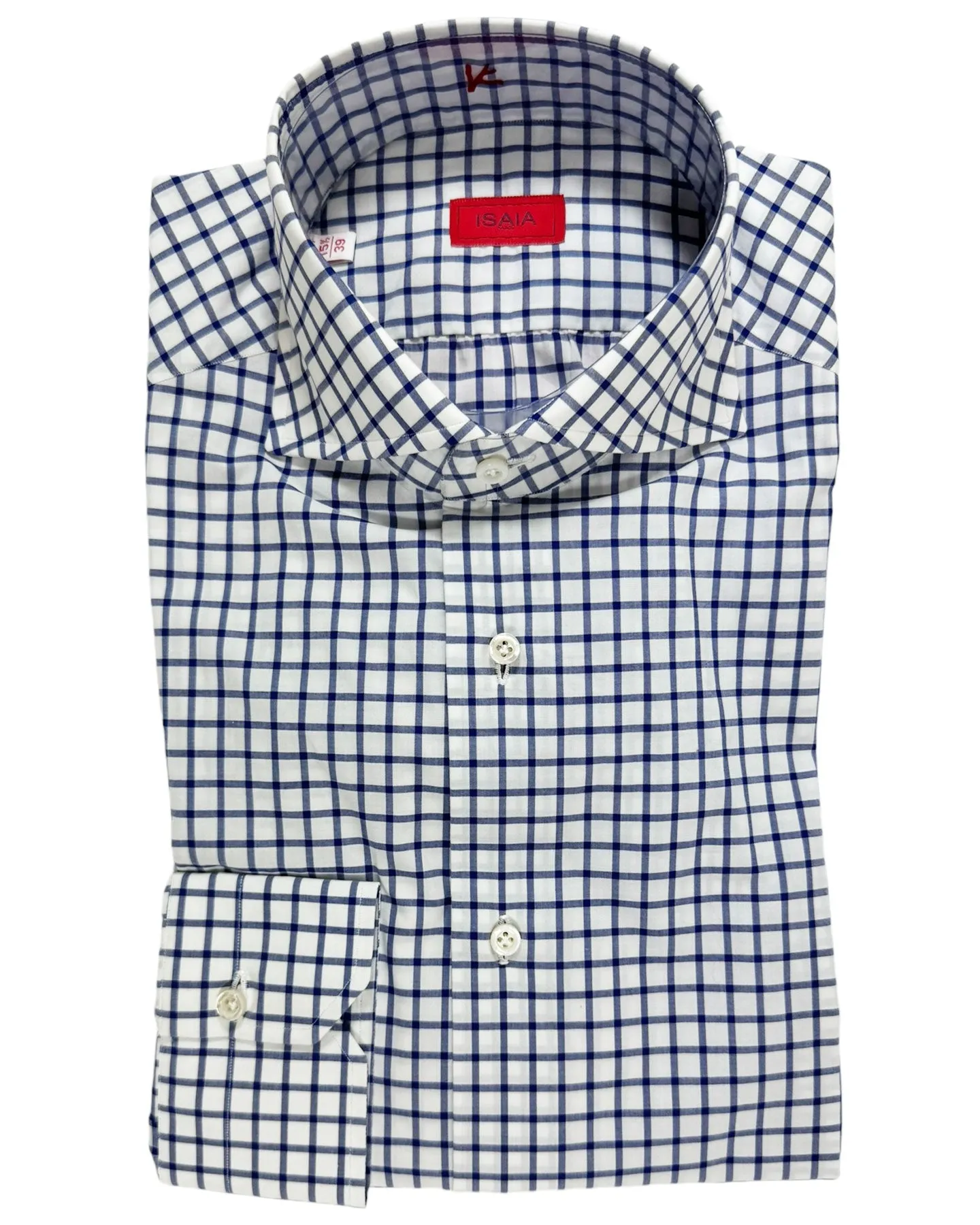 Isaia Dress Shirt White Dark Blue Check 39 - 15 1/2 Regular Fit