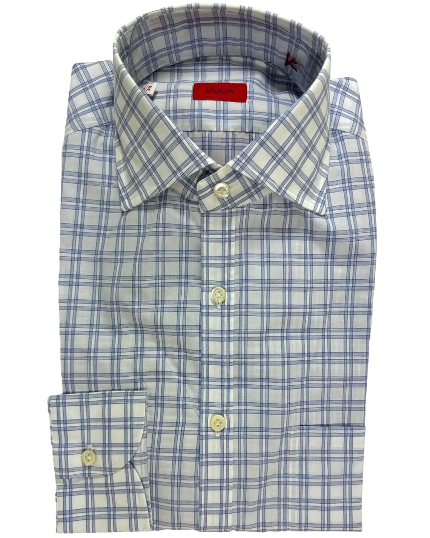 Isaia Shirt White Blue Glen Check 39 - 15 1/2 Regular Fit