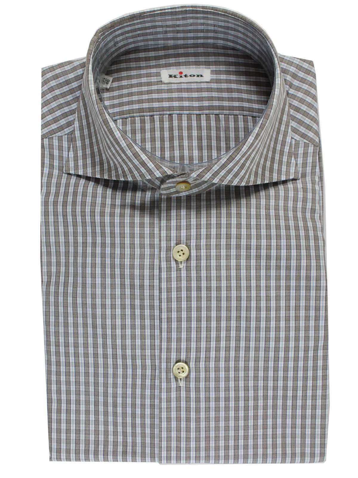 Kiton Dress Shirt White Brown Blue Check Spread Collar 44 - 17 1/2 SALE