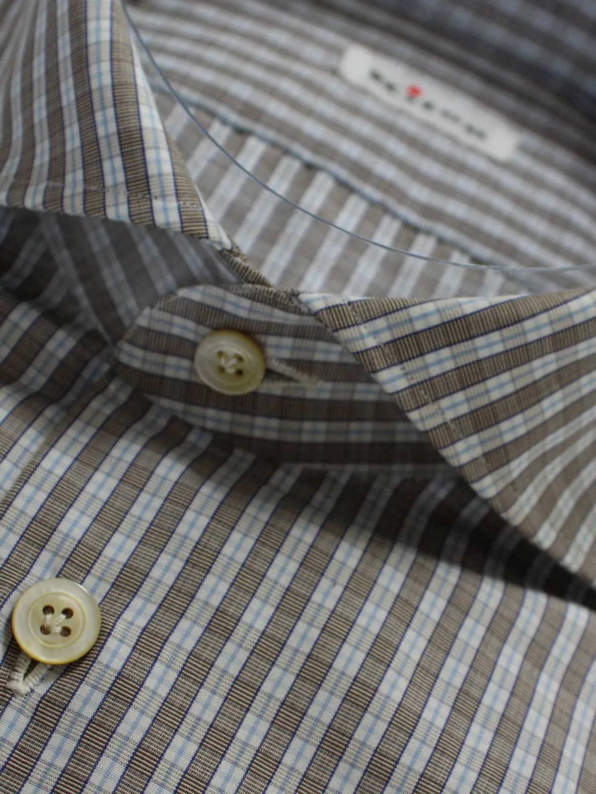 Kiton Dress Shirt White Brown Blue Check Spread Collar 44 - 17 1/2 SALE