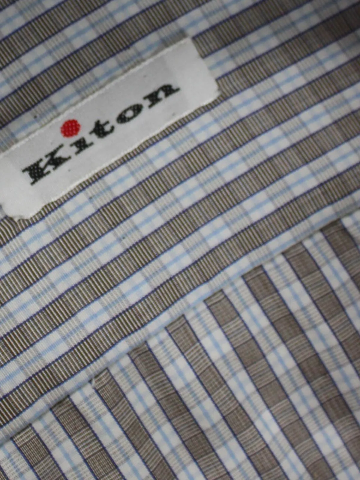 Kiton Dress Shirt White Brown Blue Check Spread Collar 44 - 17 1/2 SALE