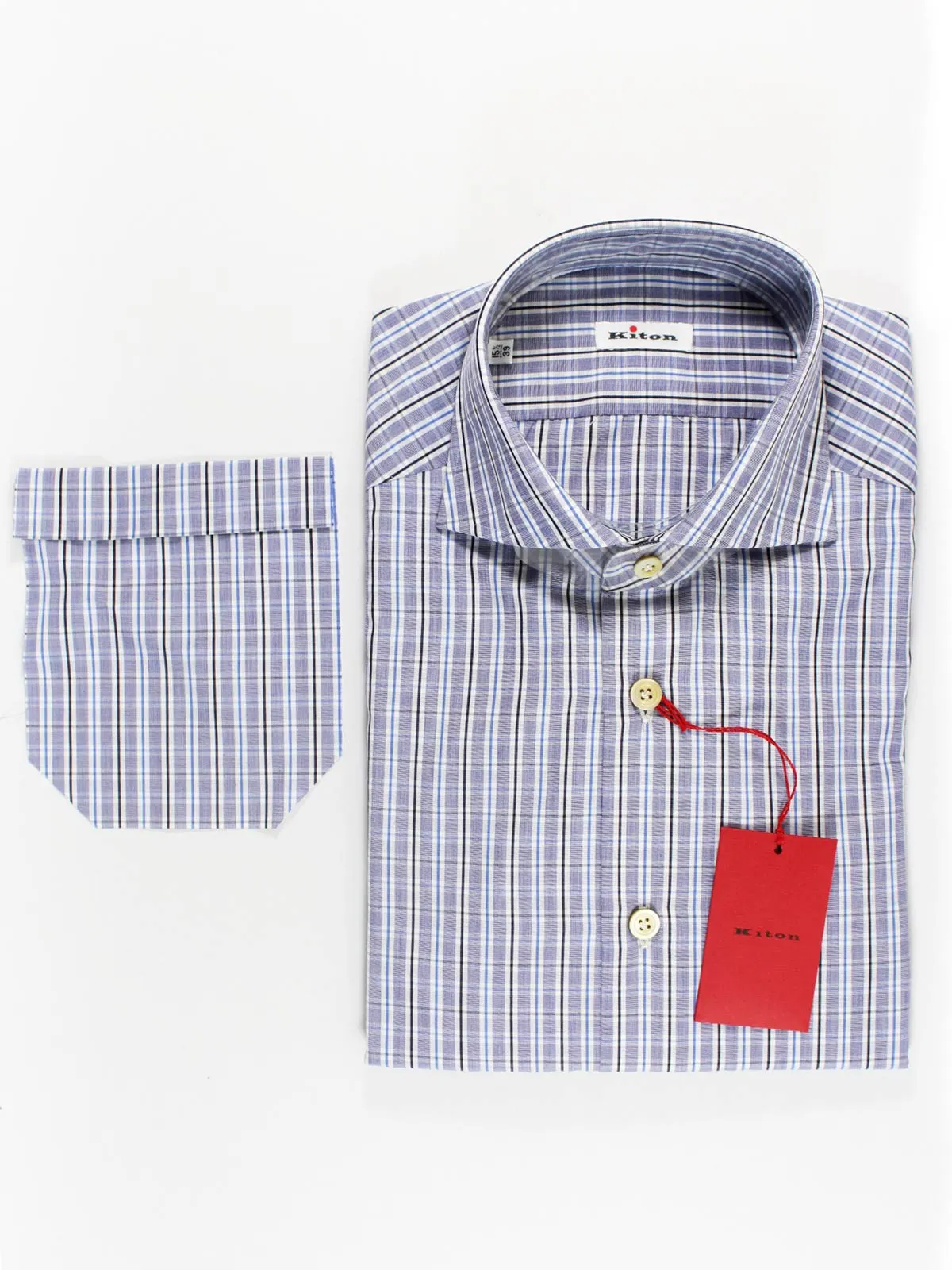 Kiton Dress Shirt White Navy Royal Blue Check 39 - 15 1/2 SALE