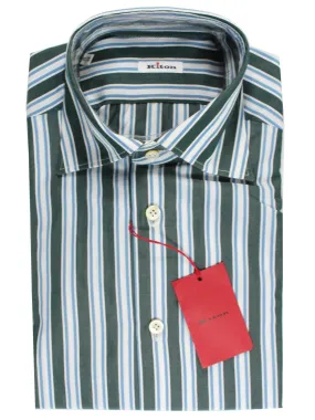 Kiton Shirt White Gray Blue Stripes Sartorial 38 - 15 BLACK FRIDAY SALE