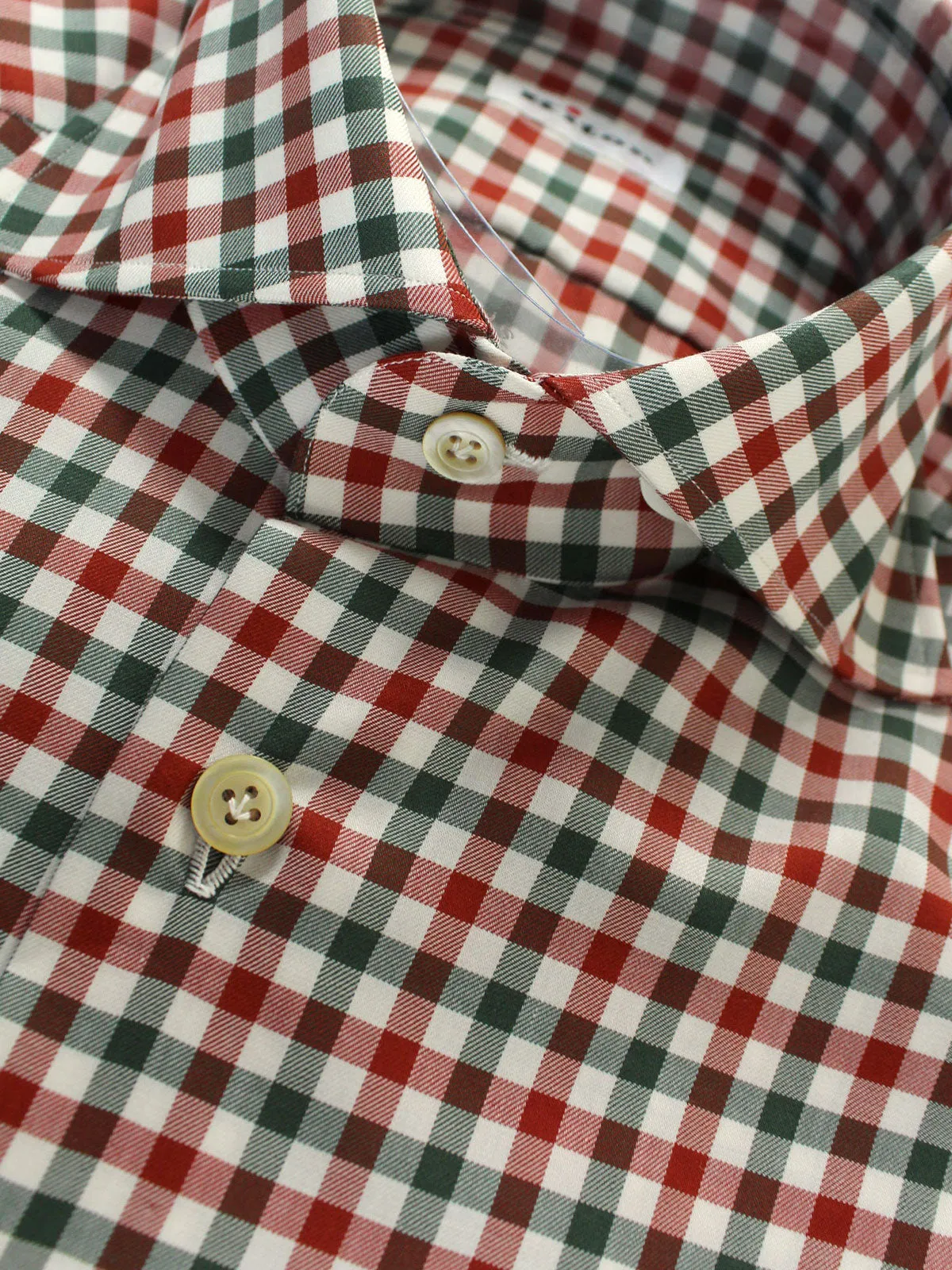 Kiton Shirt White Gray Dark Red Gingham Check 38 - 15 REDUCED SALE