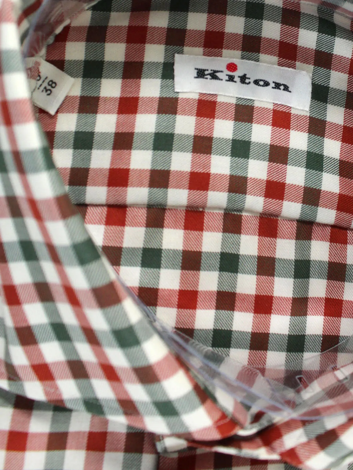 Kiton Shirt White Gray Dark Red Gingham Check 38 - 15 REDUCED SALE