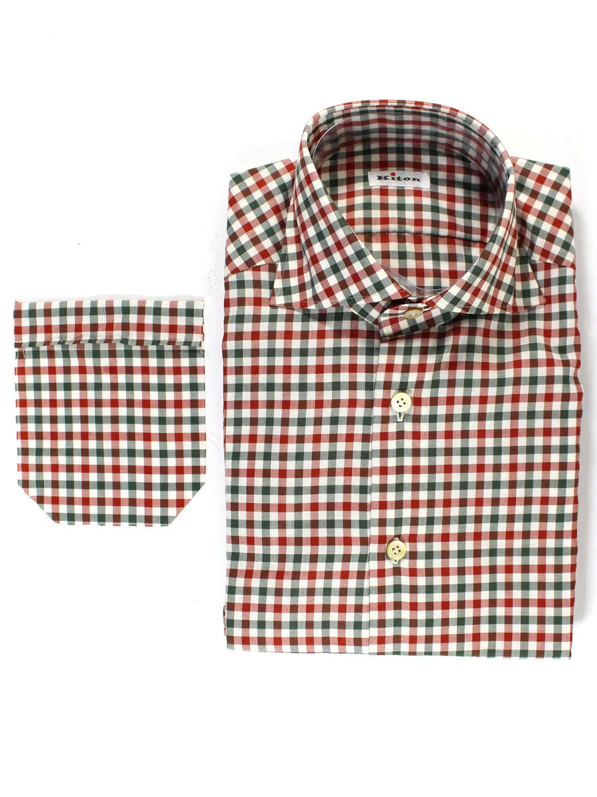 Kiton Shirt White Gray Dark Red Gingham Check 38 - 15 REDUCED SALE