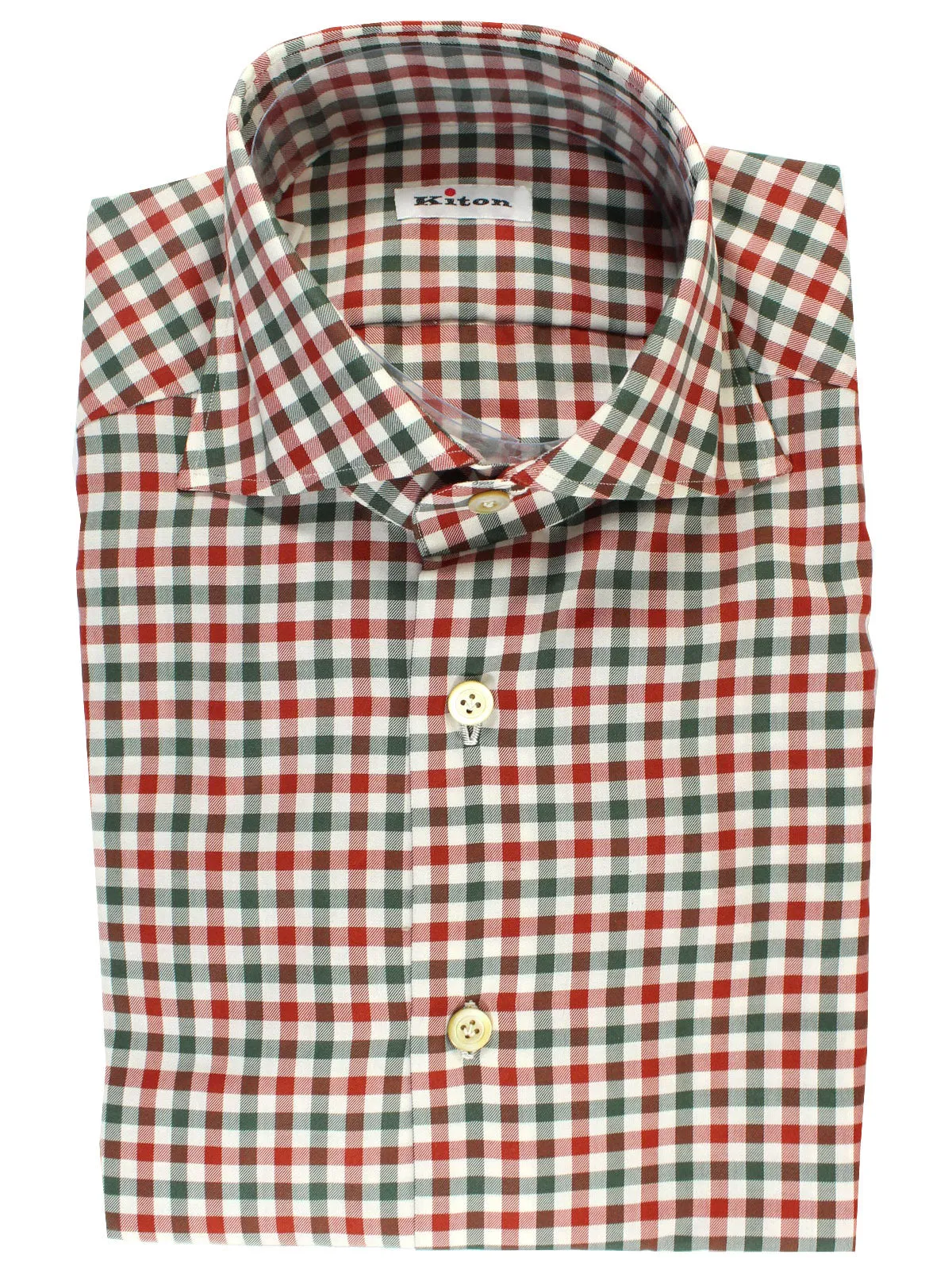 Kiton Shirt White Gray Dark Red Gingham Check 38 - 15 REDUCED SALE