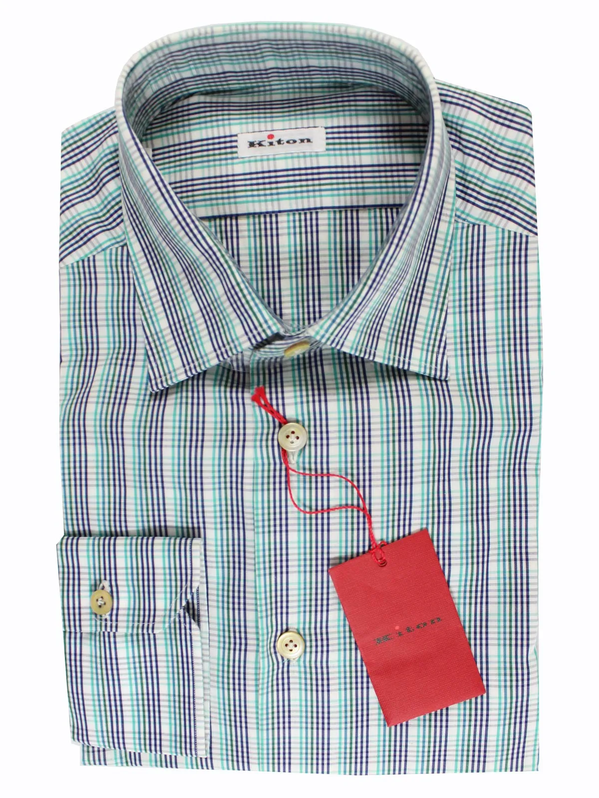 Kiton Shirt White Turquoise Green Navy Check 37 - 14 1/2 FINAL SALE