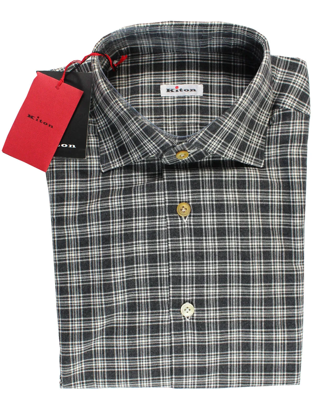 Kiton Sport Shirt Black Glen Check - Flannel Cotton 40 - 15 SALE