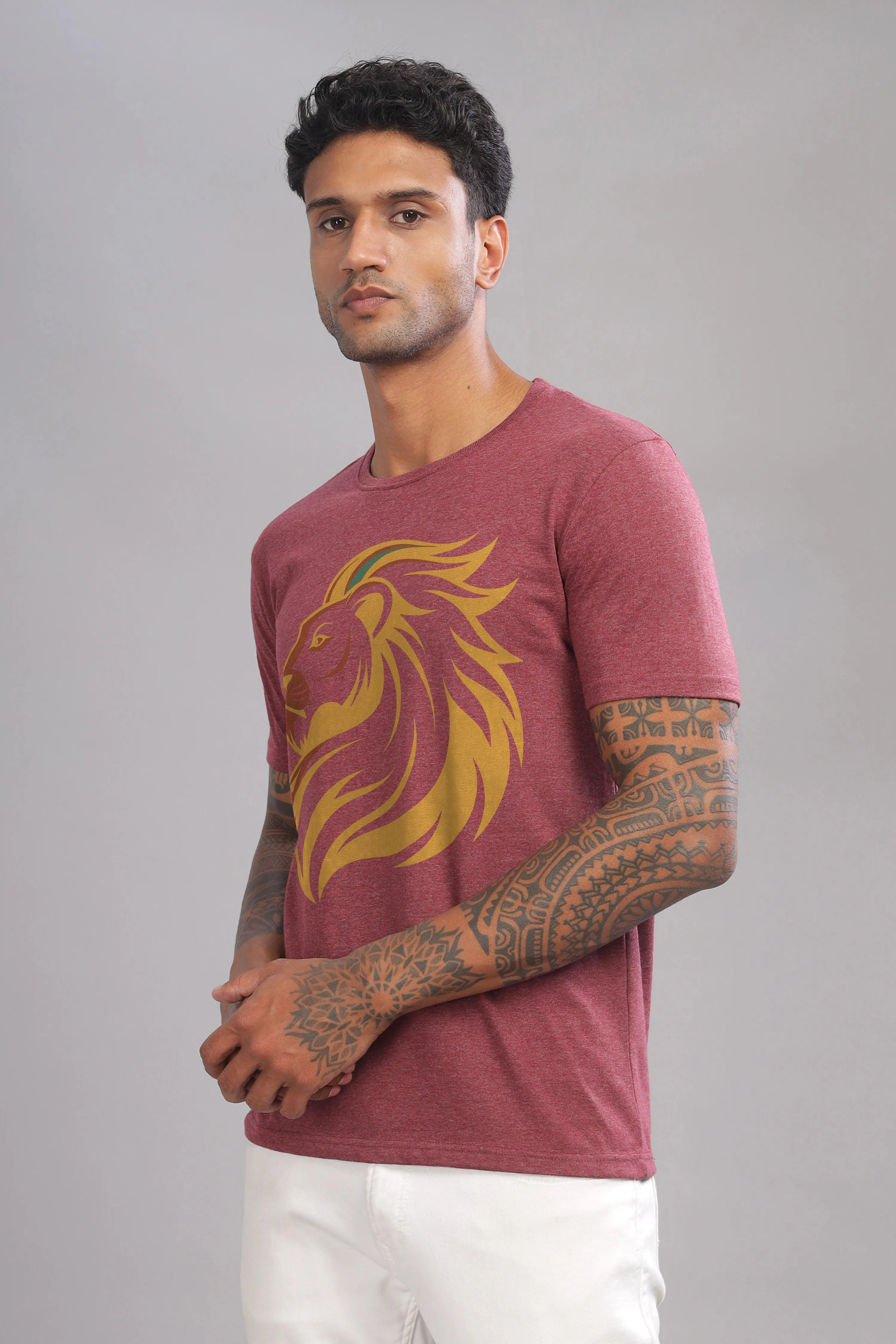 Lucky Leo Maroon Half Sleeve Printed Round Neck T-Shirt