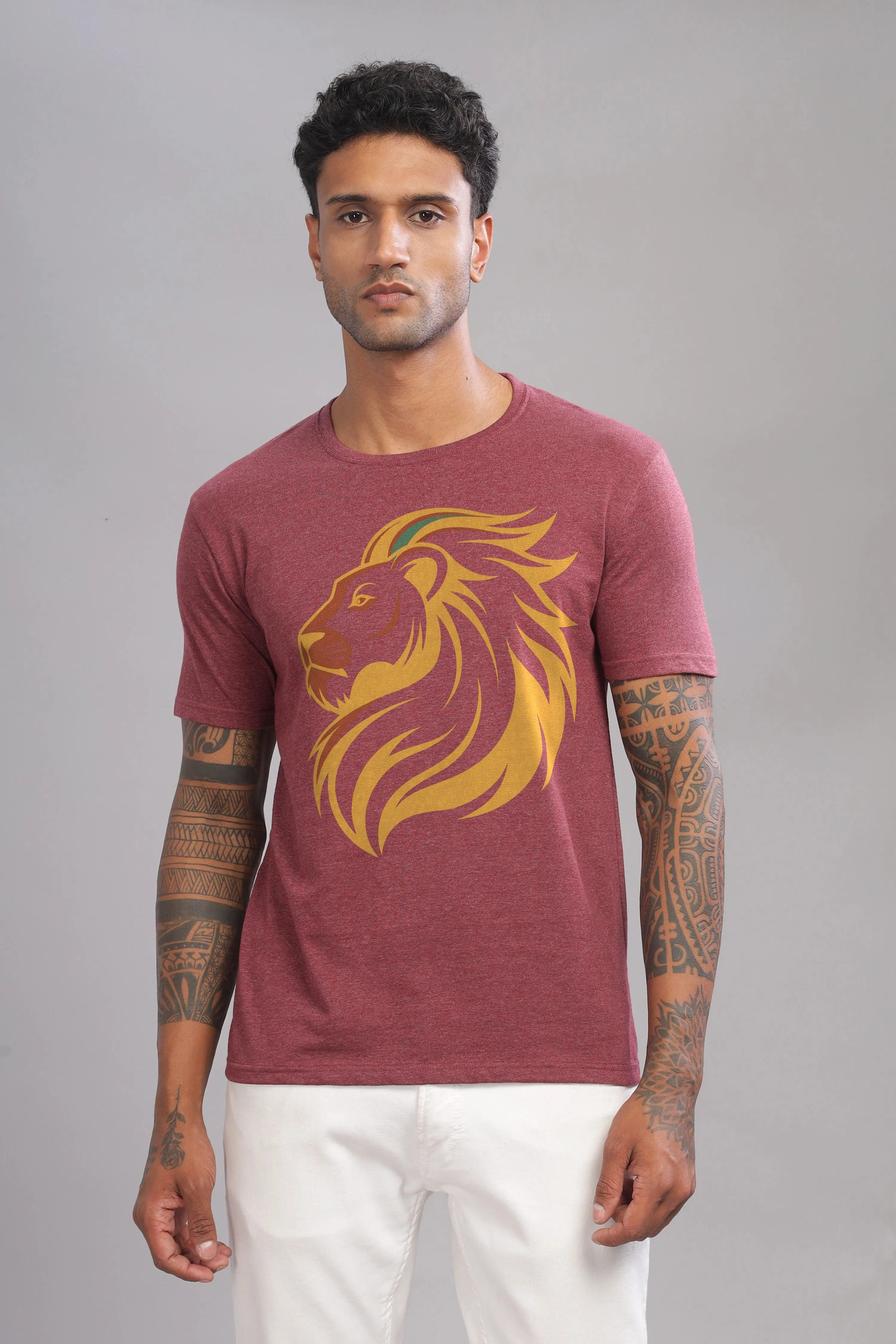 Lucky Leo Maroon Half Sleeve Printed Round Neck T-Shirt