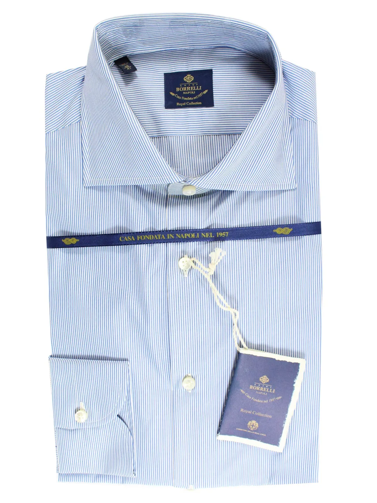 Luigi Borrelli Dress Shirt ROYAL COLLECTION Classic White Navy Stripes 43 - 17 SALE