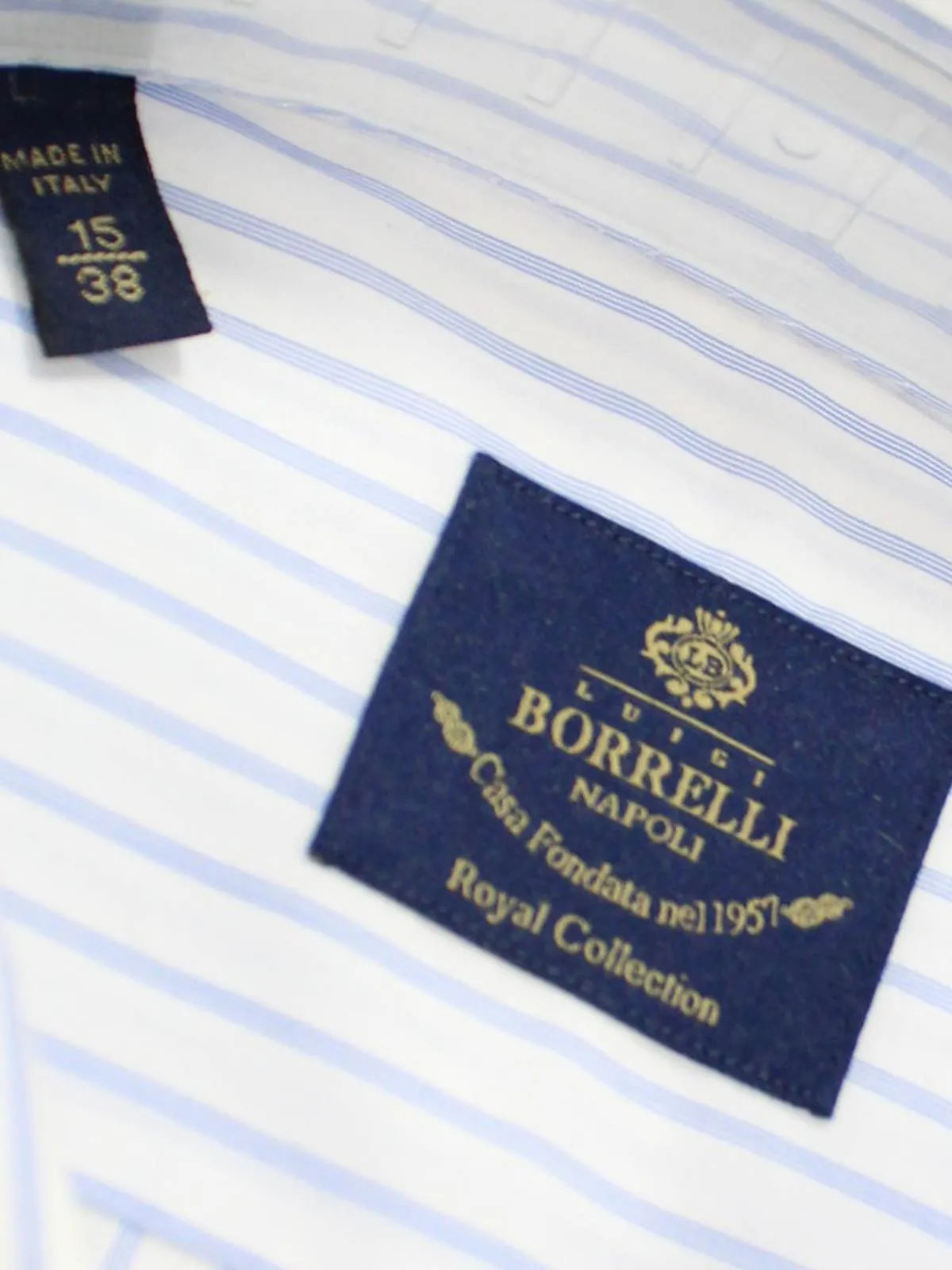 Luigi Borrelli Dress Shirt ROYAL COLLECTION White Blue Quadruple Stripes 38 -15 SALE