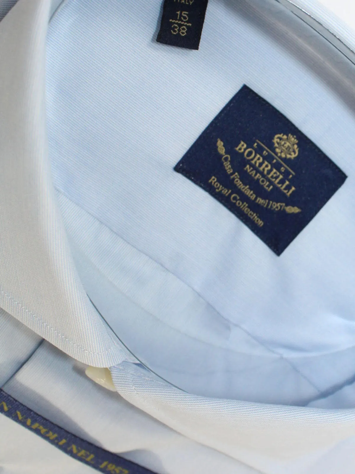 Luigi Borrelli Dress Shirt ROYAL COLLECTION White Blue Thin Stripes 38 - 15