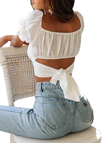 LYANER Women's Ruffle Short Sleeve Tie Up Back Crop Top Off Shoulder Bardot Blouse White Medium