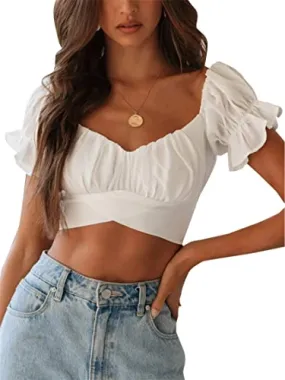 LYANER Women's Ruffle Short Sleeve Tie Up Back Crop Top Off Shoulder Bardot Blouse White Medium