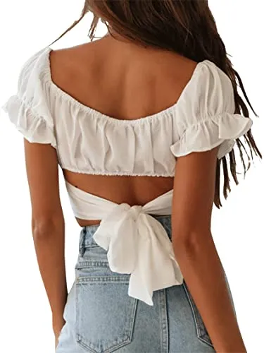 LYANER Women's Ruffle Short Sleeve Tie Up Back Crop Top Off Shoulder Bardot Blouse White X-Small