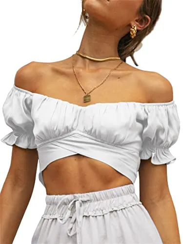 LYANER Women's Ruffle Short Sleeve Tie Up Back Crop Top Off Shoulder Bardot Blouse White X-Small