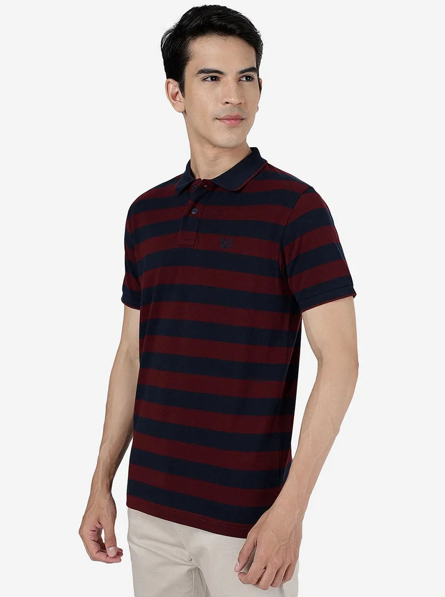 Maroon & Navy Striped Slim Fit Polo T-Shirt | Greenfibre