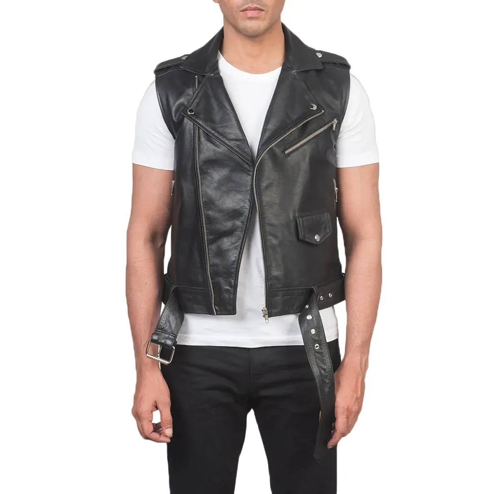 Mens Black Leather Motorcycle Vest