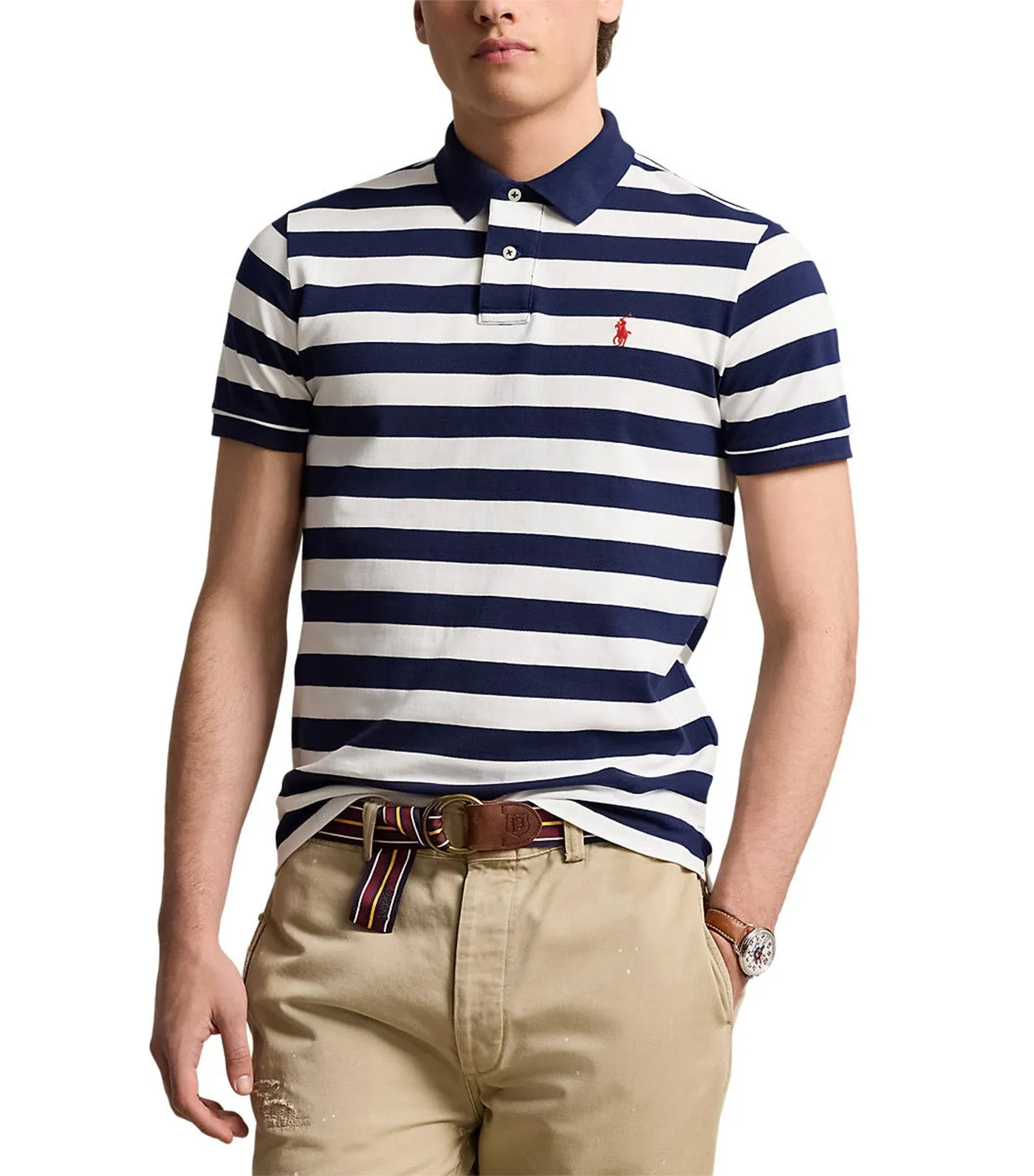 Men's Custom Slim Fit Striped Mesh Polo Shirt Deckwash White/Newport Navy