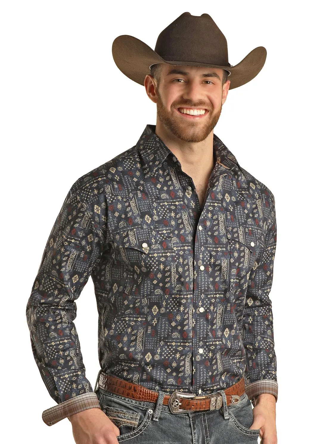 Men's Panhandle Aztec Navy Print Snap Shirt