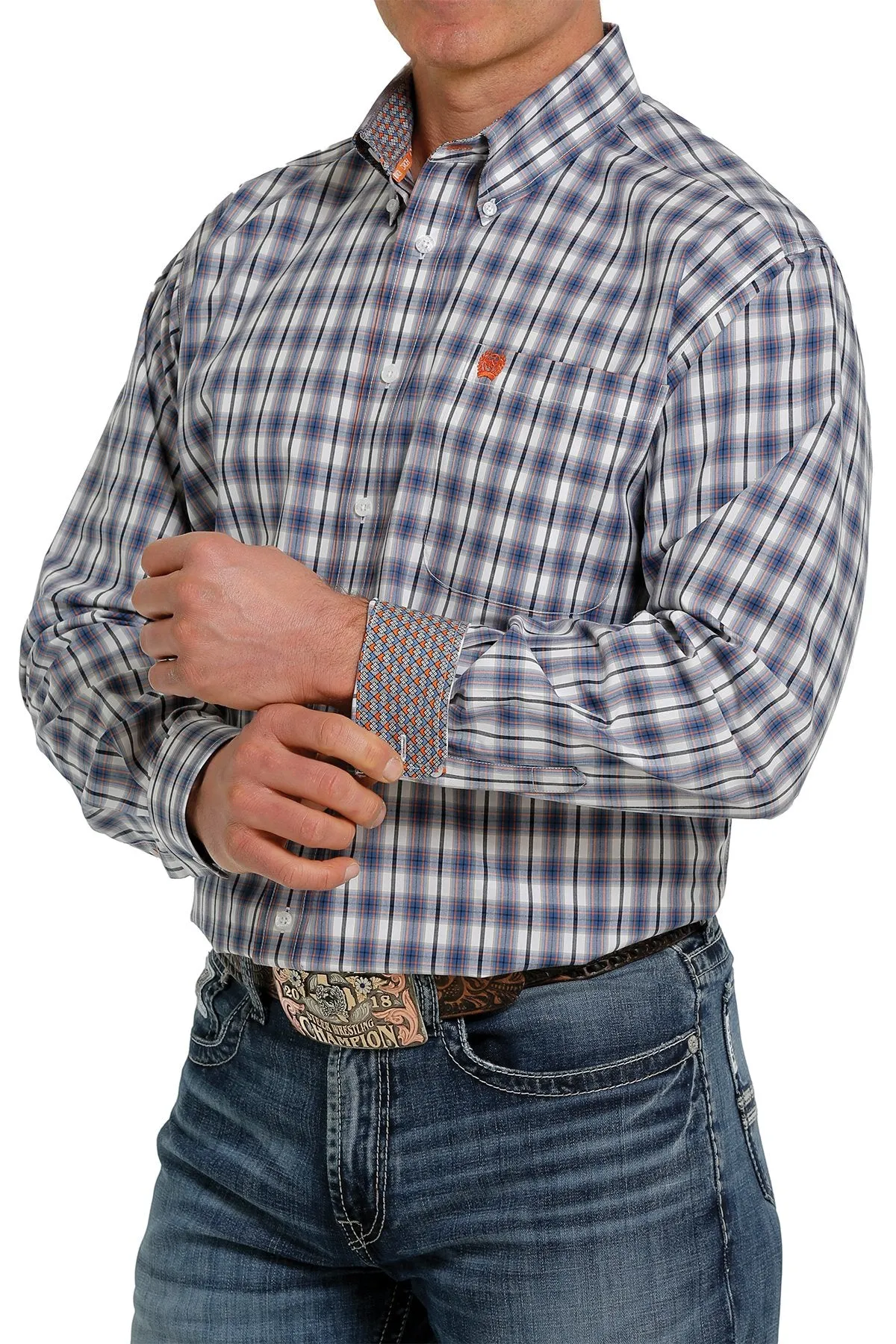 MEN'S PLAID BUTTON DOWN WESTERN SHIRT - WHITE/BLUE/ORANGE