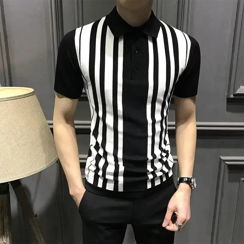 Men's Striped Polo Shirt: Short Sleeve Business Casual Lapel Streetwear Fashion Slim Versatile Top for Summer