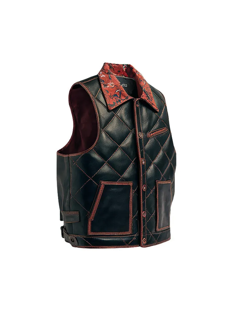 Men's Stylish Black Quilted Leather Vest with Floral Collar