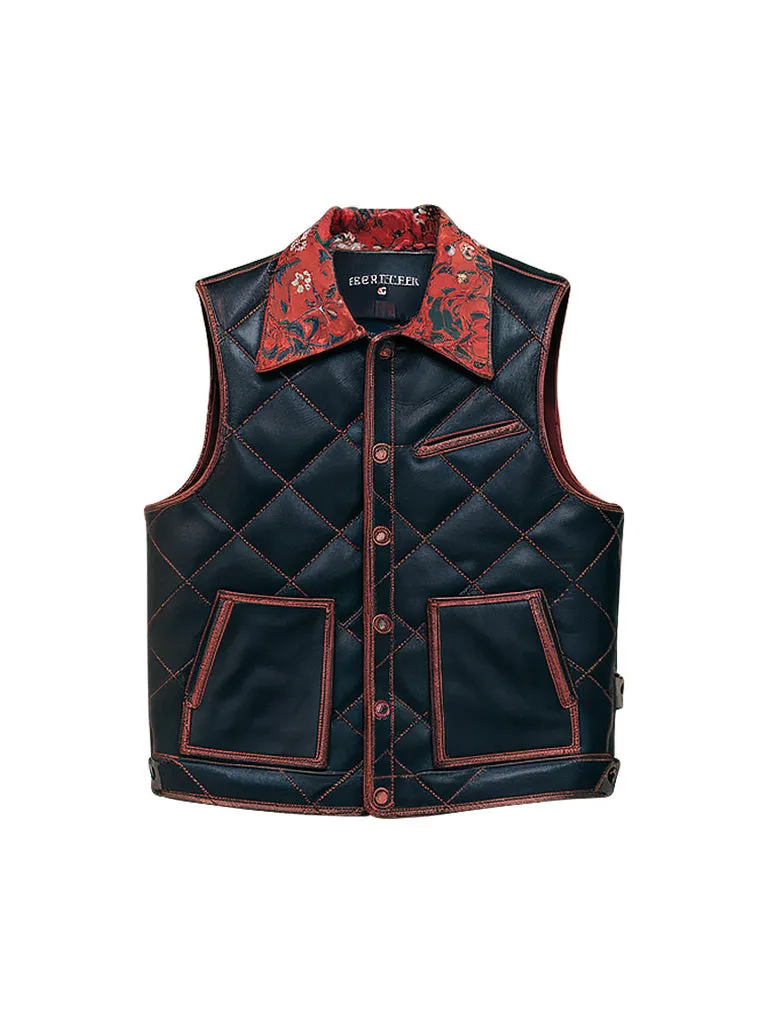 Men's Stylish Black Quilted Leather Vest with Floral Collar