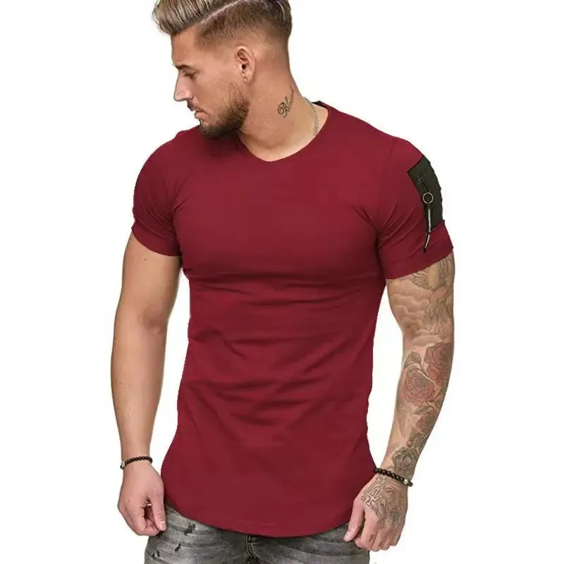 Men's Trend Tshirts Summer Zipper Pocket Design Plain T-Shirt Men Short Sleeve Tops