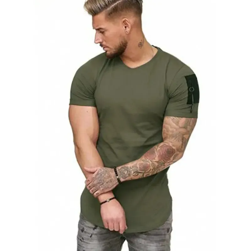 Men's Trend Tshirts Summer Zipper Pocket Design Plain T-Shirt Men Short Sleeve Tops