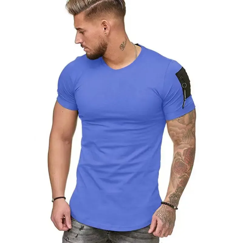 Men's Trend Tshirts Summer Zipper Pocket Design Plain T-Shirt Men Short Sleeve Tops