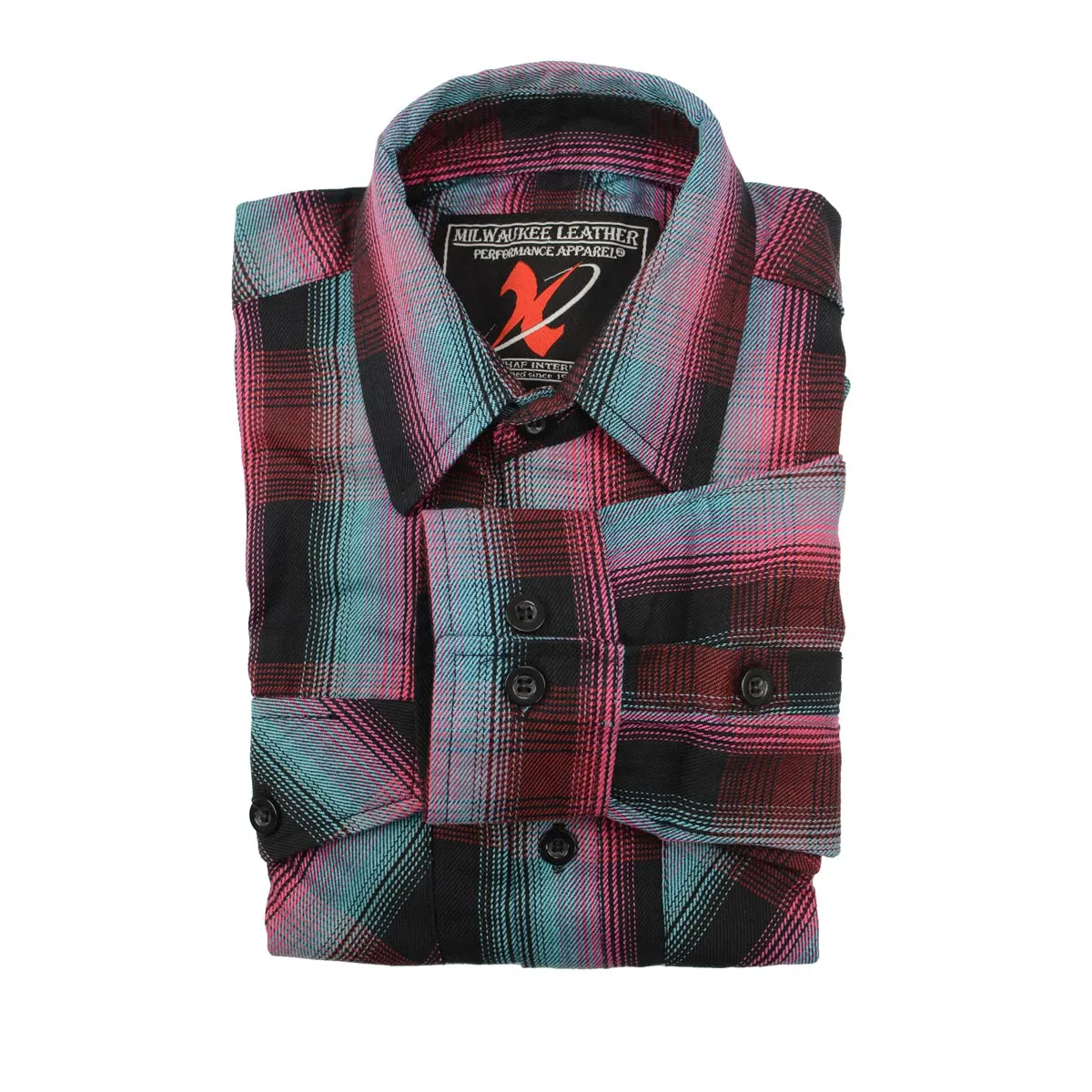 Milwaukee Leather MNG11660 Men's Black and Pink with Blue Long Sleeve Cotton Flannel Shirt