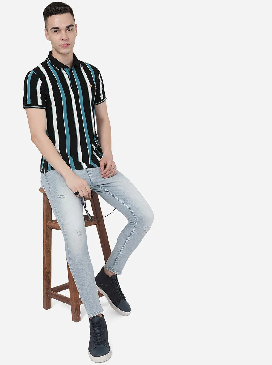 Multicolour Striped Slim Fit Polo T-Shirt | JadeBlue