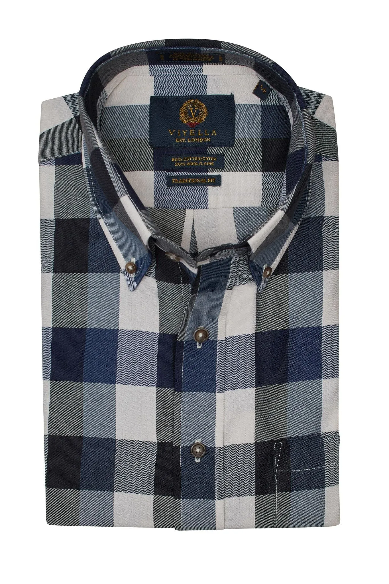 Navy Check Men's Cotton & Wool Long Sleeve Button Down Shirts