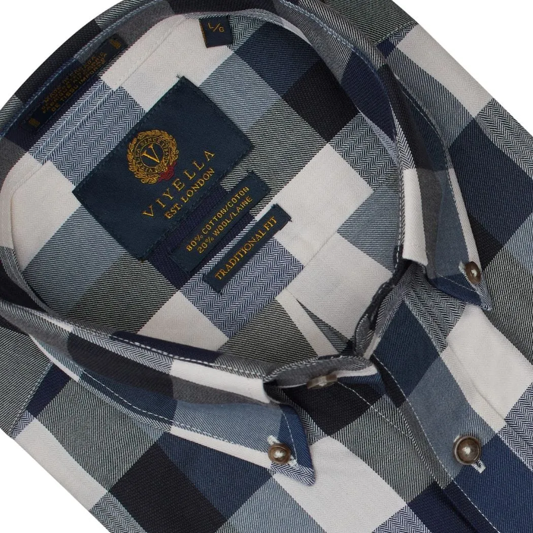 Navy Check Men's Cotton & Wool Long Sleeve Button Down Shirts