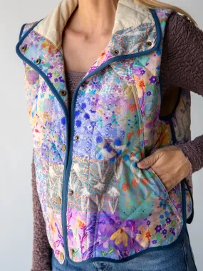 Quilted Puffer Vest - Blue Watercolor Patchwork