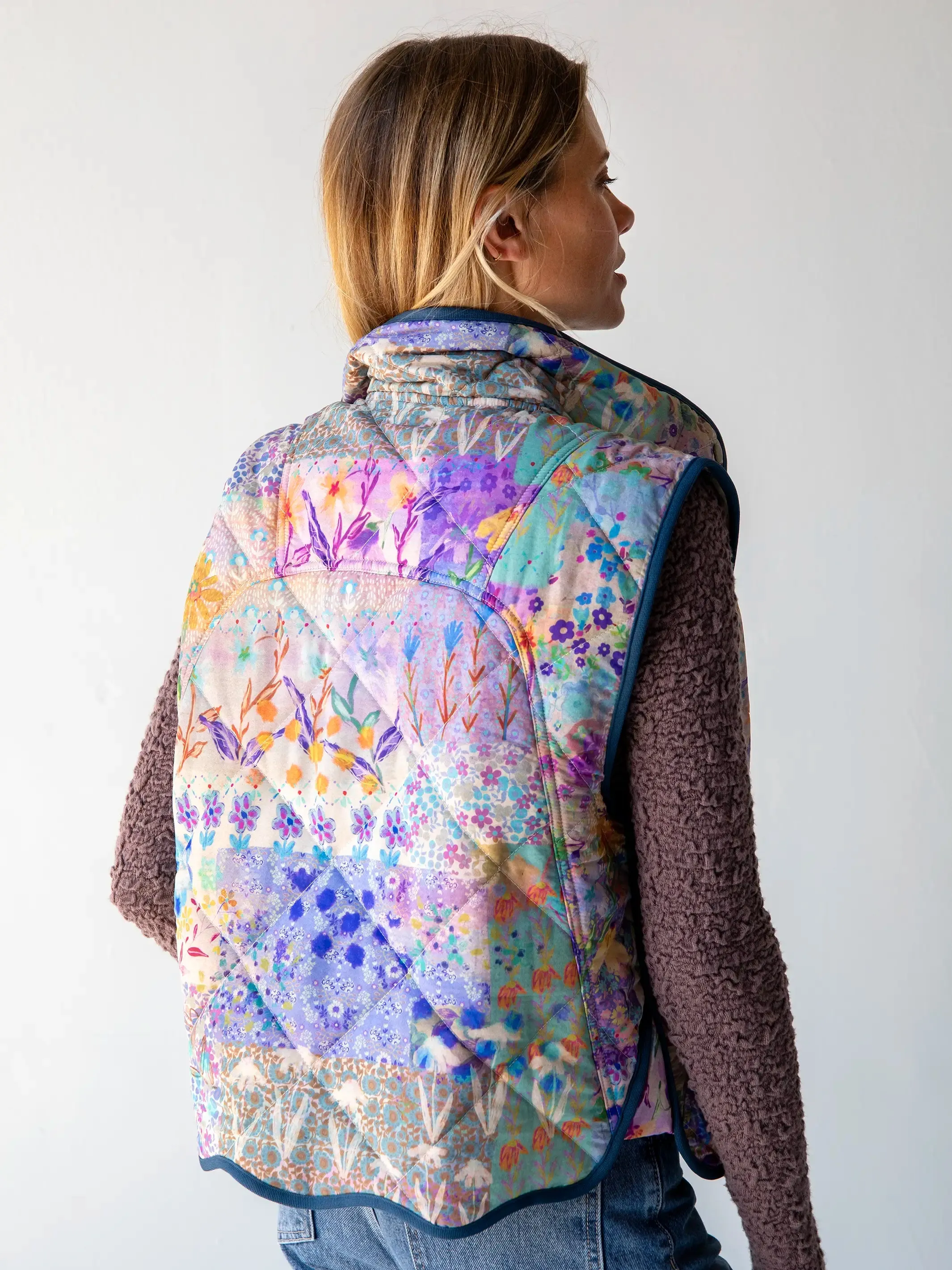 Quilted Puffer Vest - Blue Watercolor Patchwork