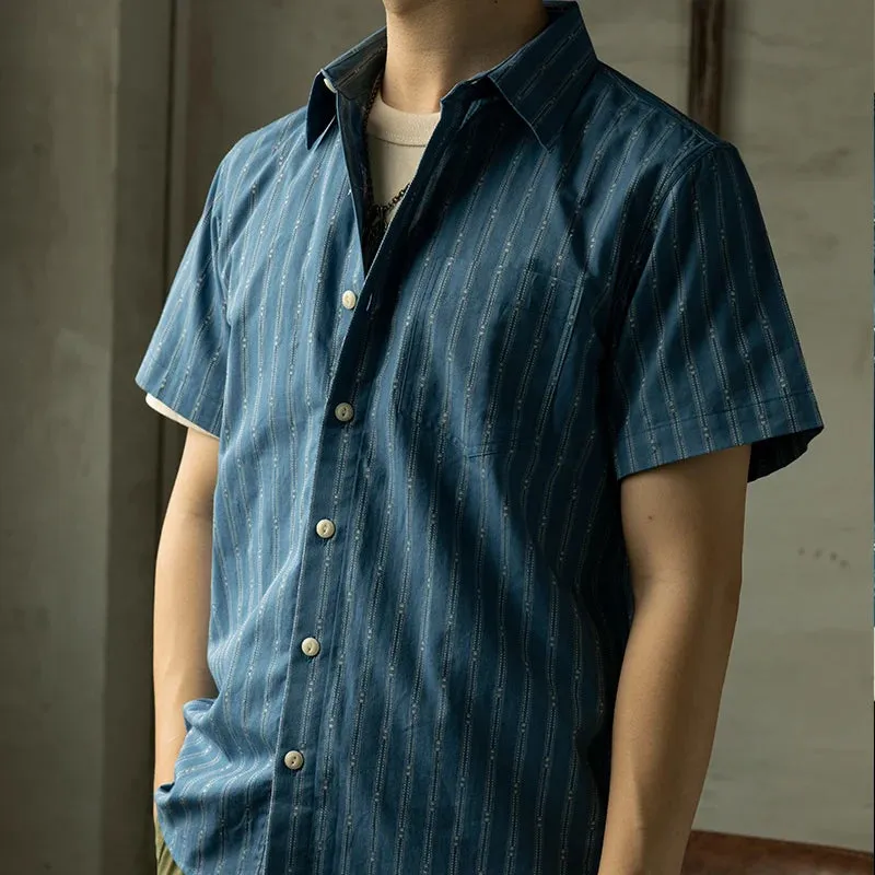 Retro Jacquard Stripe Short Sleeve Shirts - Men's Workwear