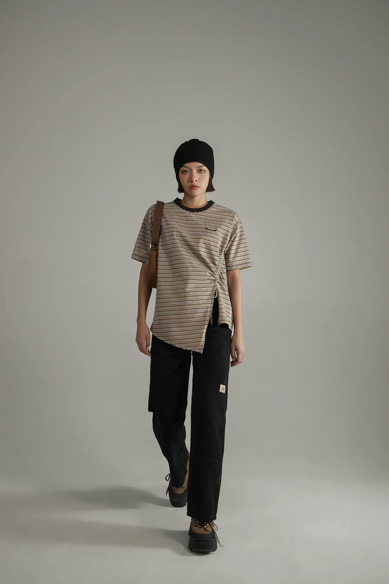 Striped Slit Shirring String T-Shirt