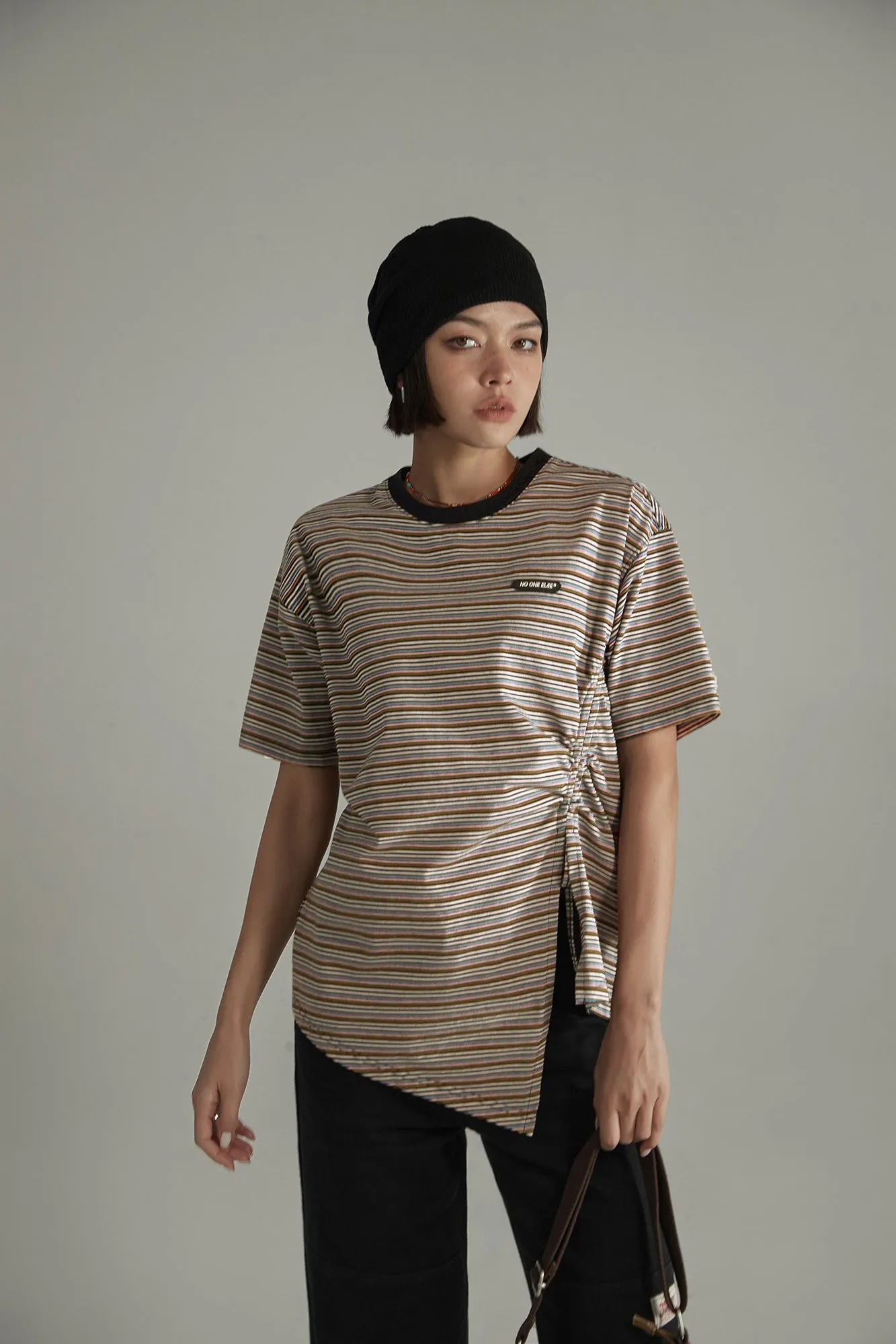 Striped Slit Shirring String T-Shirt