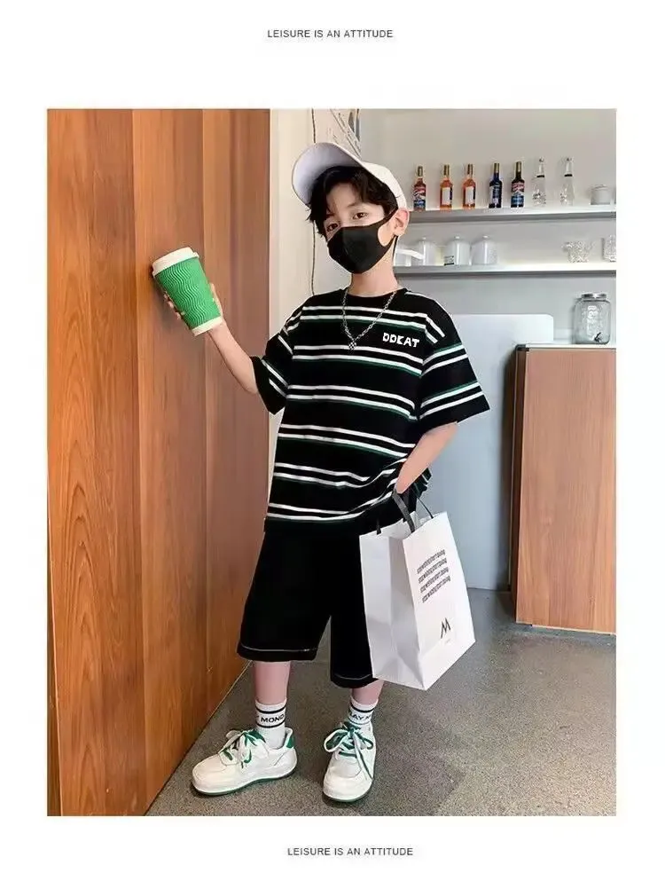 Summer Boys Striped Short Sleeve T-shirts Elastic Shorts