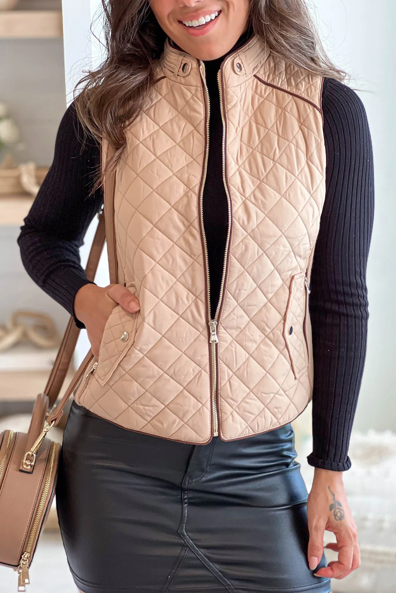 Taupe Quilted Vest With Front Pockets