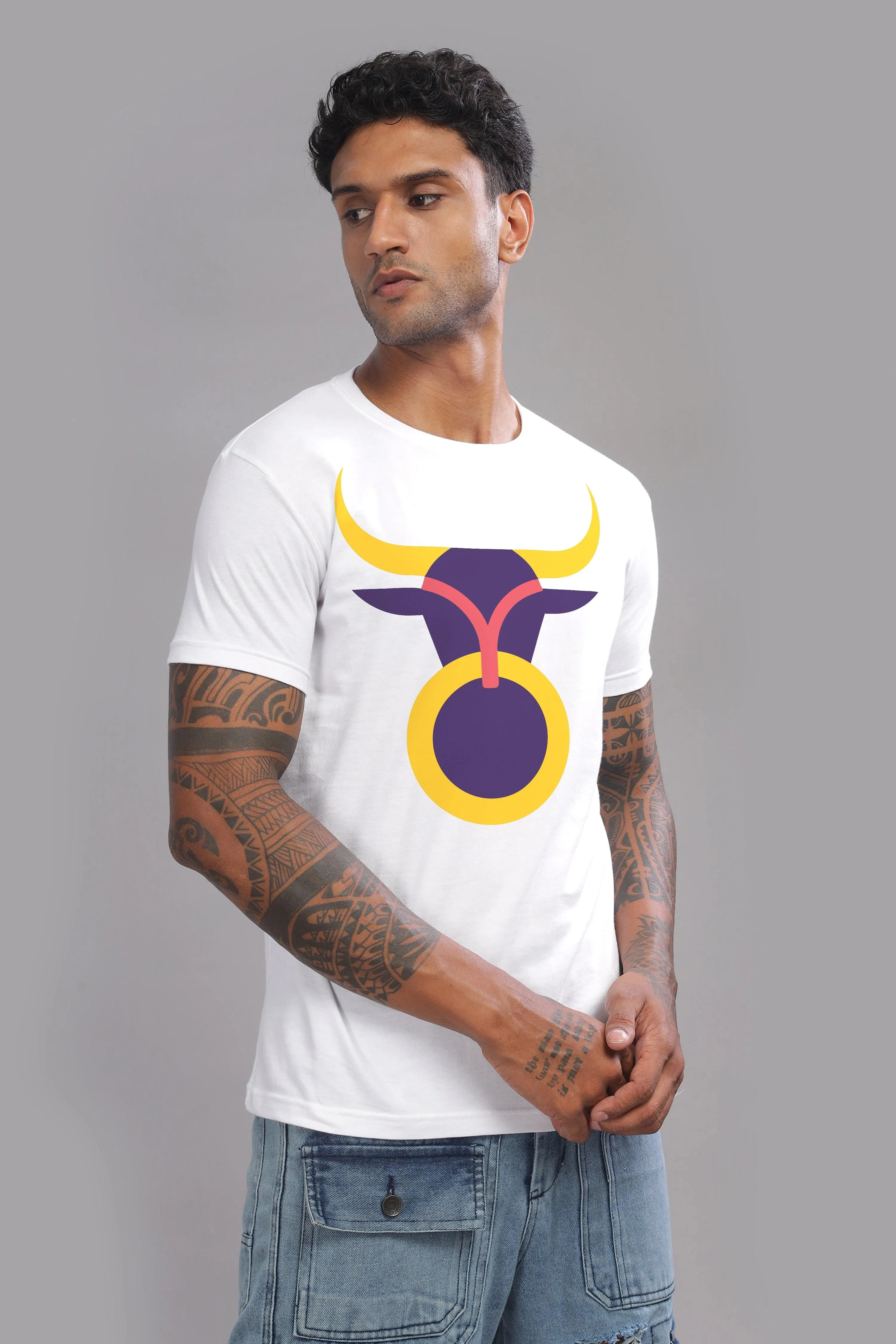 Trendy Taurus White Half Sleeve Printed Round Neck T-Shirt