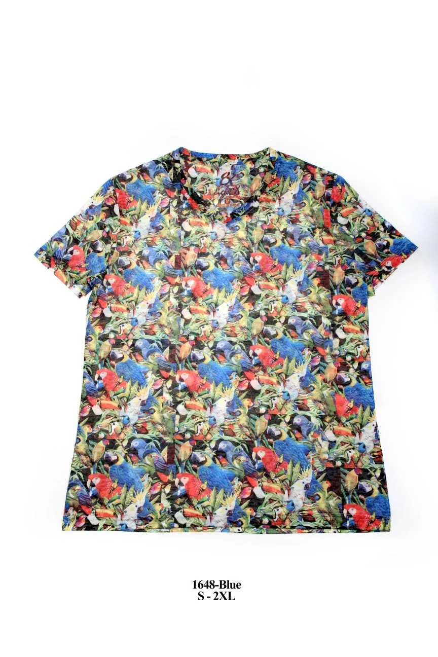 Tropical Parrot Print V-Neck T-Shirt